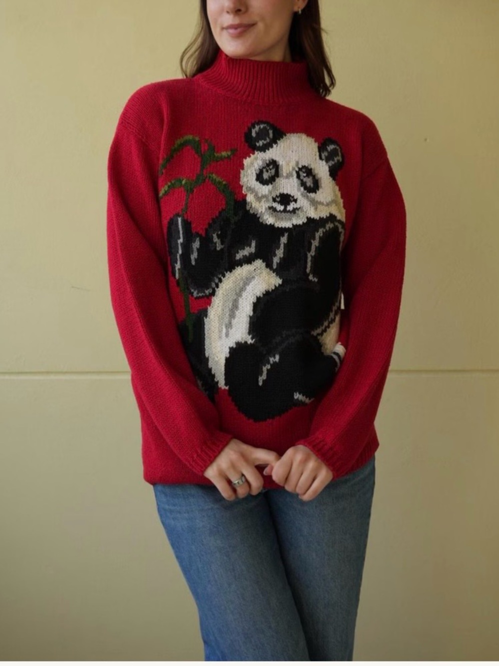 Red Panda Intarsia Turtleneck Sweater - Cozy Cowl Neck